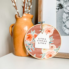 Load image into Gallery viewer, 6 Inch Hoop with Sienna Floral Fabric and House Ornament