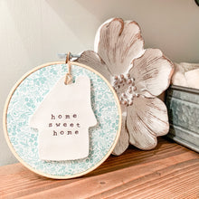 Load image into Gallery viewer, 6 Inch Hoop with Rifle Paper Co. Sage Tapestry Lace Fabric and House Ornament