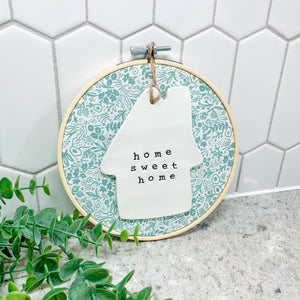 6 Inch Hoop with Rifle Paper Co. Sage Tapestry Lace Fabric and House Ornament