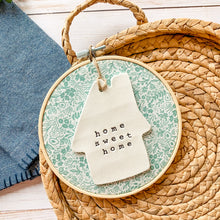 Load image into Gallery viewer, 6 Inch Hoop with Rifle Paper Co. Sage Tapestry Lace Fabric and House Ornament