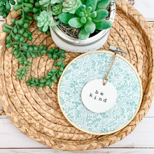Load image into Gallery viewer, 6 Inch Hoop with Rifle Paper Co. Sage Tapestry Lace Fabric and Circle Ornament