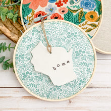 Load image into Gallery viewer, 6 Inch Hoop with Rifle Paper Co. Sage Tapestry Lace Fabric and State Ornament