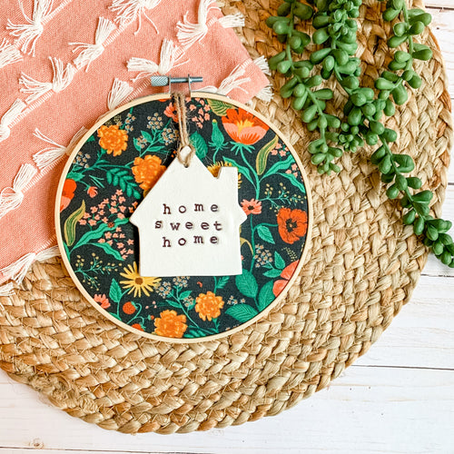 6 Inch Hoop with Rifle Paper Co. Black Poppy Fabric and House Ornament