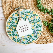Load image into Gallery viewer, 6 Inch Hoop with Rifle Paper Co. Mint Lemon Fabric and House Ornament