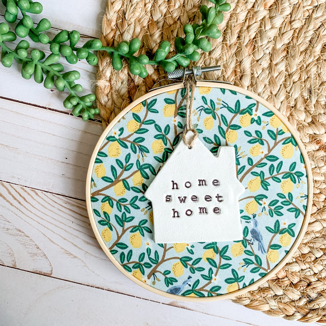 6 Inch Hoop with Rifle Paper Co. Mint Lemon Fabric and House Ornament