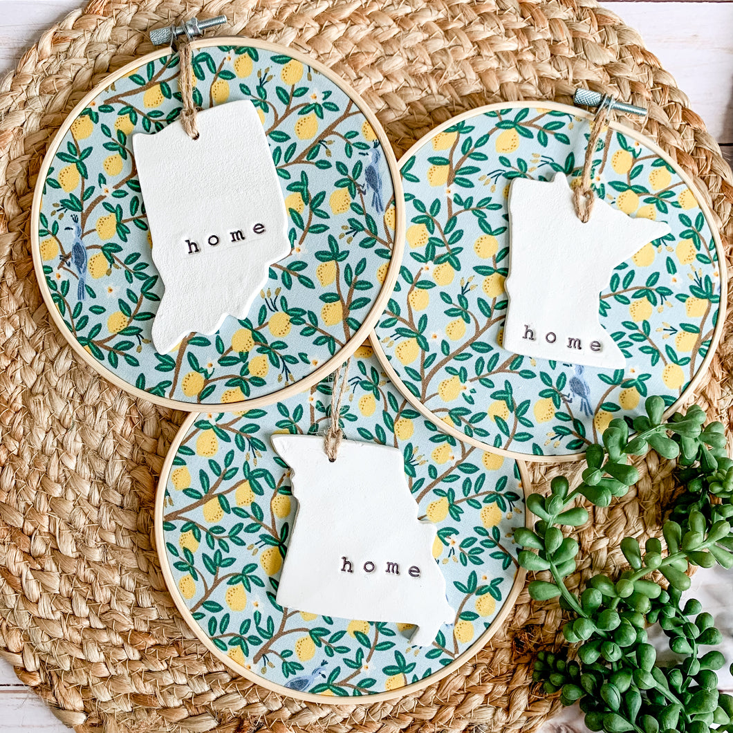 6 Inch Hoop with Rifle Paper Co. Mint Lemon Fabric and State Ornament